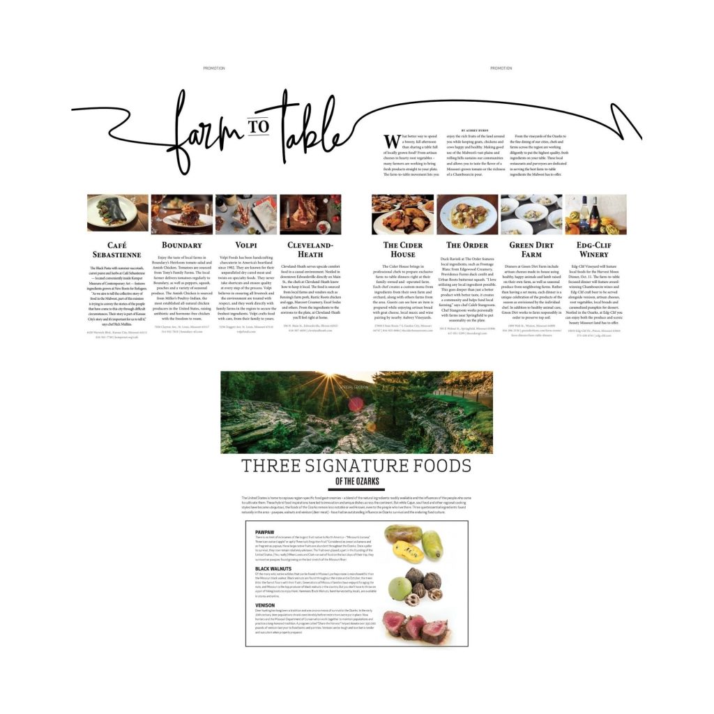 Feast Magazine promotional pages: Farm to Table, and Three Signature Foods of the Ozarks