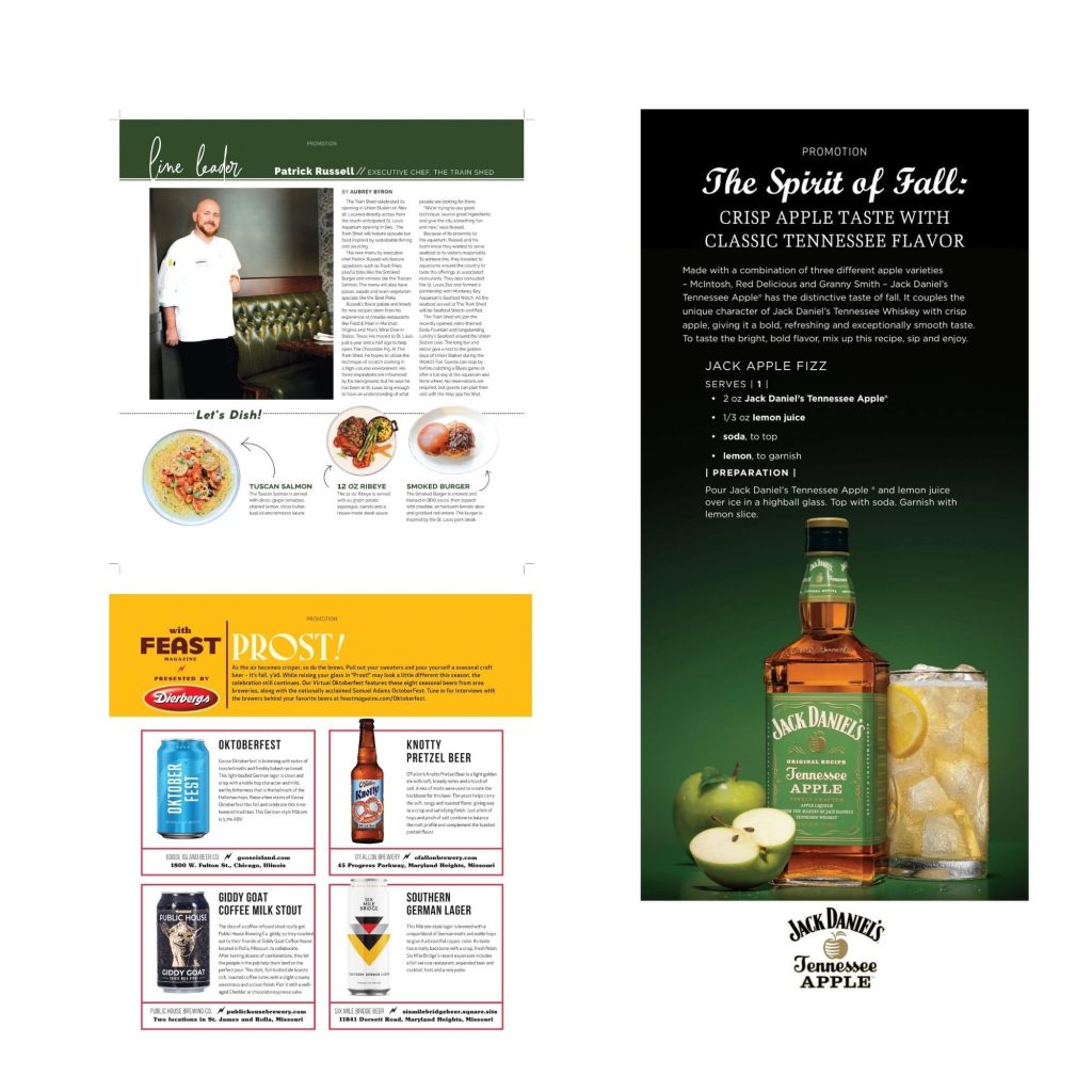 Feast Magazine promotional pages: Line Leader with chef Patrick Russell, Prost!, and The Spirit of Fall