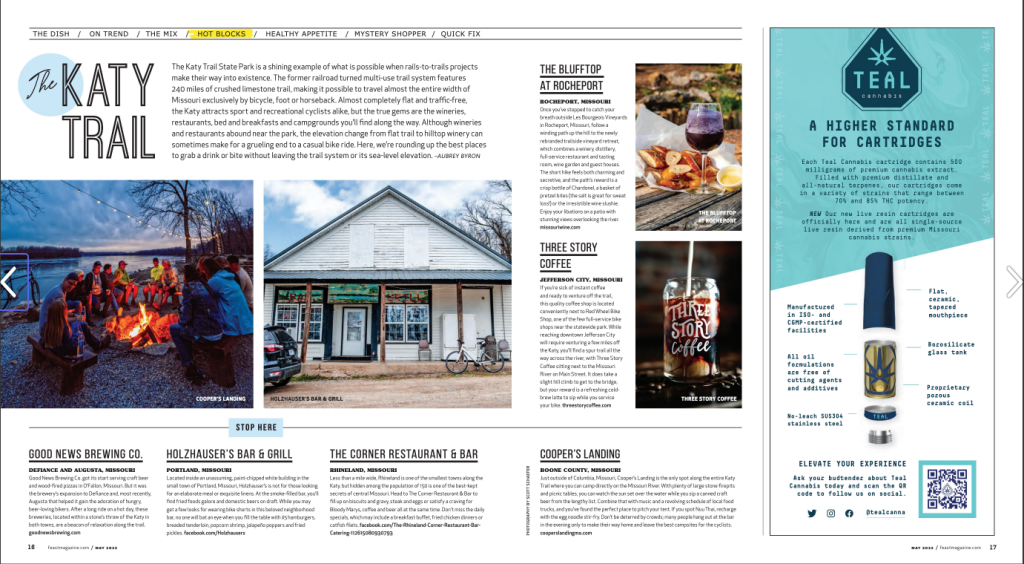 Feast Magazine print spread on dining along the Katy Trail